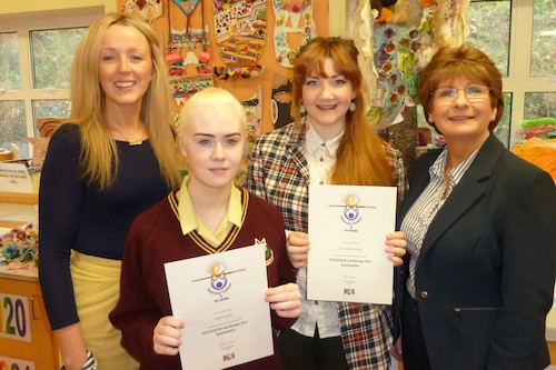 St Mary's Principal Margo Cosgrove and Art Teacher Lorraine Trainor with Ciara Elliott and Laura McAleenan. 