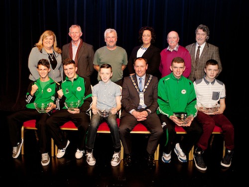 Mayor Mickey Ruane, Karen McKevitt MLA, Brendan Curran, Davy Hyland, Gillian Fitzpatrick, Charlie Casey and Mickey Brady MLA are pictured with Award reciepients, Kane and Jake Tucker from St John Bosco Boxing club along with, Cathal Jennings jordan Chamber and Conor Wallace from Sacred Heart boxing Club.  Photograph: Peter Clarke