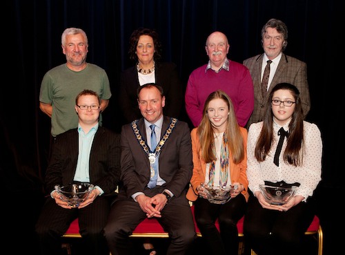 Mayor Mickey Ruane, Davy Hyland, Gillian Fitzpatrick, Charlie Casey and Mickey Brady MLA are pictured with Civic Award winners, Peadar Connolly (Swimming), Asilinn Crossey (Running) and Ashlyn McCabe (Fishing).  Photograph: Peter Clarke