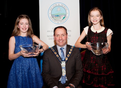 Mayor Mickey Ruane is Pictured witt Newry and Mourne Civic Award winners Mia Lyons Magill and Marie-Claire O'Connor who won the awards for Dance.  Photograph: Peter Clarke