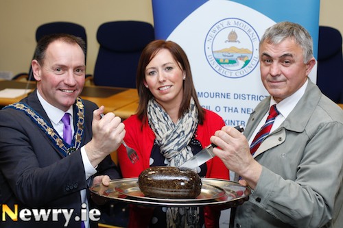 All ready for the Haggis at an early Burns Night celebration at Newry and Mourne District Council Office. From left: Mayor Michael Ruane; Jessica Bennett, Internal Good Relations Officer, Newry and Mourne Council and William Burns, Chairman, Ulster Scots Committee, Newry and Mourne Council. Photograph: Columba O'Hare