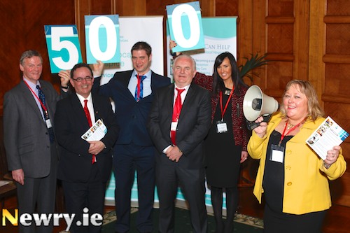 Gerard Cafolla, Cafolla's Ice Cream, Dominic Bradley MLA,  Niall Smith and Vincent Waddell, Surefreight,  Aoife MacManus, JMK Solicitors join Fiona Stephens Corporate Fundraiser at the Southern Area Hospice at the launch of the hospices exclusive campaign, the ‘500 Club’ in Stormont. The event which was sponsored by Dominic Bradley MLA included businesses from Newry and across the Southern Board area encouraging them to make a difference to their local hospice by donating £100 and in return receive membership to the ‘500 Club'. The campaign aims to attracted 500 businesses to sign up thus raising £50,000 for development of hospice services allowing them to continue to provide free of charge special care in the local community.