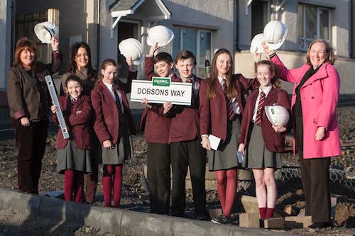 Teachers and pupils from St Paul's High School in Bessbrook have helped Clanmil Housing chose the name for its new housing development on Green Road in the town.  Pictured are (L-R) teachers Kellie McShane and Caroline Hughes, pupils Melissa Ward, Clare Ward, Chea McArdle, Christian Mathews, Sarah Kilgallon, Natasha McCann and Clanmil Development Manager Jan Sloan. Photograph: NewRay Pics