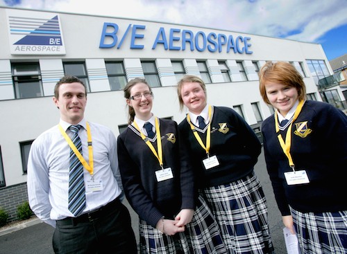 Our Lady’s Grammar School in Newry: Thomas Hackett with A level students (from left) Kathryn Boyle, Blanaid McGivern and Leah Mooney.