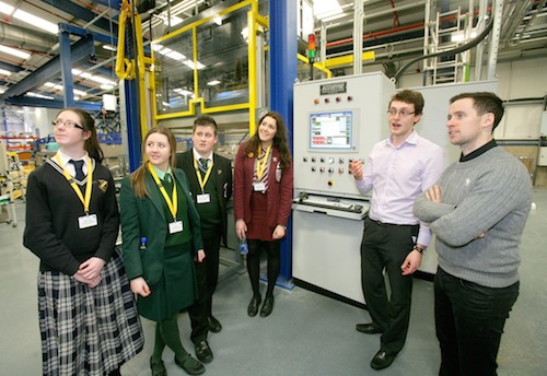 Kathryn Boyle (Our Lady’s Grammar School, Newry); Olivia McAvoy (Sacred Heart Grammar School, Newry); Seamus Cunningham (St Louis Grammar School, Kilkeel) and Ruth Annett (Kilkeel High School) find out more about B/E Aerospace from engineer Philip Parr, while Cool FM presenter Connor Phillips from Jonesboro added energy and fun to the experiential day.