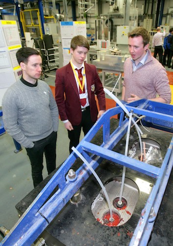 Bobby Kane from B/E Aerospace provides an insight into the company’s work at Kilkeel for Callan Connolly from St Paul’s School in Bessbrook and CoolFM presenter Connor Phillips.