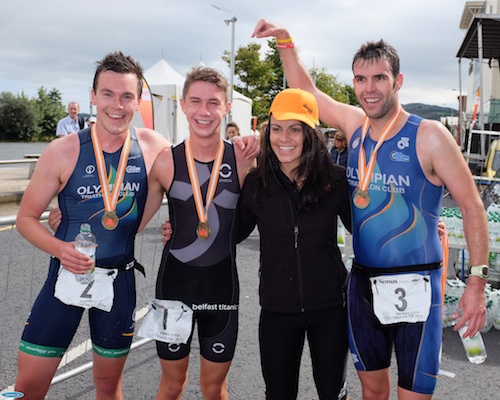Three of the top four competitors in the 2014 firmus energy Newry City Triathlon. From left: Cathal Quinn, Downpatrick, 4th; Harry Speers, Bangor, 1st; Angeline Murphy, firmus energy and Neville O'Neill, Belfast, 2nd. Photograph: Columba O'Hare 