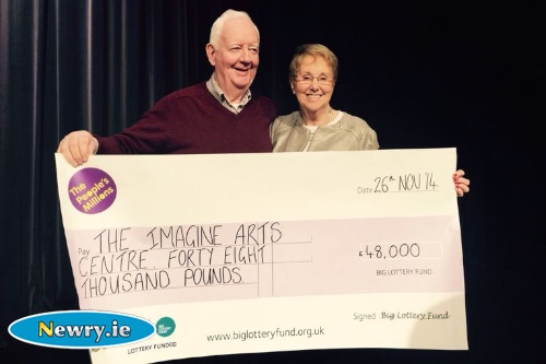 Pat and Mary Cunningham from Newry Acting Up celebrate the windfall for the Imagine Arts Centre. Pat and Mary Cunningham from Newry Acting Up celebrate the windfall for the Imagine Arts Centre.
