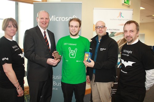 The lucky winner of the Windows 8 phone, pictured centre is Larren Geary from Richhill who was presented his prize by Sharon McCone, Deputy Head of School for Computing, SRC; Brian Doran, Chief Executive, SRC; Stephen Howell, Microsoft Evangelist and Stephen Herron, Computing Lecturer and Event Organiser. The lucky winner of the Windows 8 phone, pictured centre is Larren Geary from Richhill who was presented his prize by Sharon McCone, Deputy Head of School for Computing, SRC; Brian Doran, Chief Executive, SRC; Stephen Howell, Microsoft Evangelist and Stephen Herron, Computing Lecturer and Event Organiser.