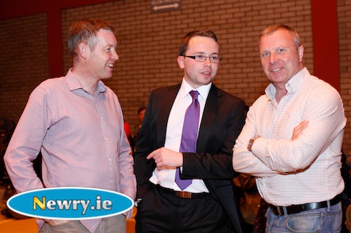 Sinn Fein's Mickey Larkin, elected for Slieve Gullion with Daire Hughes and party worker Sean Hughes at the count tonight in Newry Sports Centre. Photograph: Columba O'Hare Sinn Fein's Mickey Larkin, elected for Slieve Gullion with Daire Hughes and party worker Sean Hughes at the count tonight in Newry Sports Centre. Photograph: Columba O'Hare
