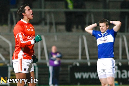 Armagh's Stephen Campbell  celebrates his goal at the Allianz Football League clash with Laois in the Athletic Grounds. Photograph: Columba O'Hare/ www.newry.ie