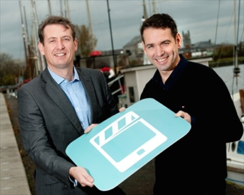 Barry McBride, left, Invest NI Executive Director of International Business, with Conor McNally, Managing Director of ShotClip. Photograph: Parkway Photography