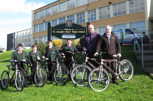 Year 8 pupils with Mr Brendan O’Hare (Bridge End Bikes) and Mr David Nolan (Cycle club leader) Year 8 pupils with Mr Brendan O’Hare (Bridge End Bikes) and Mr David Nolan (Cycle club leader)