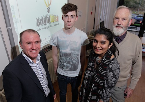 Paul Reavey of Newry-based Brilliant Red (far left) and Paul Kavanagh of Craigavon Borough Council (far right) are joined by local students Caolan Kelleher and Maha Dawood at the innovative business start-up workshop which took place at Southern Regional College’s Portadown campus on Monday. Paul Reavey of Newry-based Brilliant Red (far left) and Paul Kavanagh of Craigavon Borough Council (far right) are joined by local students Caolan Kelleher and Maha Dawood at the innovative business start-up workshop which took place at Southern Regional College’s Portadown campus on Monday.