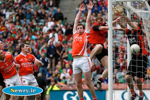 Downs Benny Coulter gets his hand to the ball to send it to the back of the net at Croke Park in 2010. Photograph: Columba O'Hare 