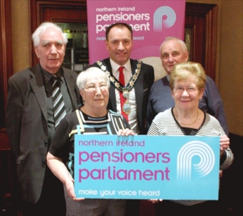 County Down participants Anne Gallagher, Margaret McAuley and Charlie Simmons pictured with Cllr Michael Ruane, Mayor of Newry and Mourne District Council and Francis Hughes, Chair of Age Sector Platform
