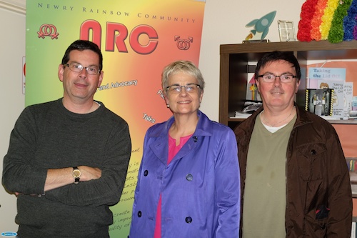 Margaret Ritchie, MP with Columba O'Hare and Damian McKevitt from Newry Rainbow Community. Margaret Ritchie, MP with Columba O'Hare and Damian McKevitt from Newry Rainbow Community.