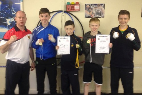 Just Champion. St John Bosco ABC champions Jake Tucker, Brendy McParland, Neil Mathers and Jake Tucker with Head coach Adrian Patterson.  Missing from the photo is Riain Mullholland.