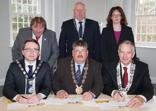 Councillor Dáire Hughes (Mayor, Newry and Mourne District Council); Councillor William Walker (Chair, Down District Council); and Councillor Oliver Tully (Chair Louth County Council) officially sign a tri-partnership Memorandum of Understanding on Wednesday 8 October at the Downshire Civic Centre with Brian Quinn (Deputy Mayor Newry & Mourne District Council); Cllr Dessie Patterson (Vice Chair Down District Council); and Councillor Marianne Butler (Vice Chair Louth County Council) as witnesses. Councillor Dáire Hughes (Mayor, Newry and Mourne District Council); Councillor William Walker (Chair, Down District Council); and Councillor Oliver Tully (Chair Louth County Council) officially sign a tri-partnership Memorandum of Understanding on Wednesday 8 October at the Downshire Civic Centre with Brian Quinn (Deputy Mayor Newry & Mourne District Council); Cllr Dessie Patterson (Vice Chair Down District Council); and Councillor Marianne Butler (Vice Chair Louth County Council) as witnesses.