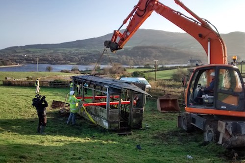 One of the Bessbrook TRam carriages is removed from its former residence beside Camlough Lake for a restoration project. One of the Bessbrook TRam carriages is removed from its former residence beside Camlough Lake for a restoration project.