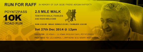 Get those runners out for the Run for Raff on the 27th of December in Poyntzpass. Get those runners out for the Run for Raff on the 27th of December in Poyntzpass.