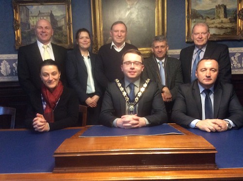 The visitors with local representatives. Back Row- Jim McCorry (Director of Technical and Leisure Services), Tara Cunningham (Recycling Officer), Jackie Patterson (Chairperson of SWaMP2008), Graham Byrne (Chief Officer SWaMP2008), Sandy Truesdale (DOE)
Front Row- Lidija Galeva (Translator), Cllr Daire Hughes (Mayor) and Mukrem Mehmedi (Mayor of Mavrovo and Rostuna) The visitors with local representatives. Back Row- Jim McCorry (Director of Technical and Leisure Services), Tara Cunningham (Recycling Officer), Jackie Patterson (Chairperson of SWaMP2008), Graham Byrne (Chief Officer SWaMP2008), Sandy Truesdale (DOE)
Front Row- Lidija Galeva (Translator), Cllr Daire Hughes (Mayor) and Mukrem Mehmedi (Mayor of Mavrovo and Rostuna)
