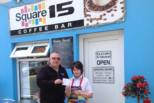 Pauline Donnelly from Square 15 presenting Philip Burns from the USPCA Animal Hospital with a cheque totalling £267 Pauline Donnelly from Square 15 presenting Philip Burns from the USPCA Animal Hospital with a cheque totalling £267