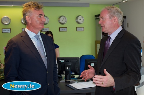 Deputy First Minister, Martin McGuinness chats to Brian Conlon, CEO, First Derivatives. Photograph: Columba O'Hare Deputy First Minister, Martin McGuinness chats to Brian Conlon, CEO, First Derivatives. Photograph: Columba O'Hare