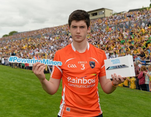 Armagh Minor, Aidan Rushe with his award. Photograph: Oliver McVeigh / Sportsfile