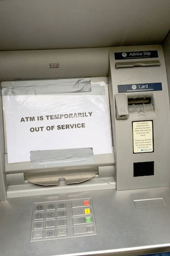 The damaged bank machine at Barclays Bank. Photograph: NewRayPics The damaged bank machine at Barclays Bank. Photograph: NewRayPics