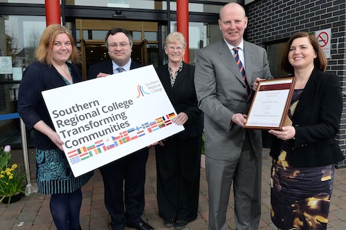 Brian Doran SRC Chief Executive receives the prestigious AOC Beacon Award from Fiona Callaghan Pearson NI Manager pictured with Minister for Employment and Learning Dr Stephen Farry, Angela Coffey Deputy Chair of SRC Governing Body and Caroline Coleman SRC Project Co-ordinator. Photograph: Stephen Hamilton-Presseye Brian Doran SRC Chief Executive receives the prestigious AOC Beacon Award from Fiona Callaghan Pearson NI Manager pictured with Minister for Employment and Learning Dr Stephen Farry, Angela Coffey Deputy Chair of SRC Governing Body and Caroline Coleman SRC Project Co-ordinator. Photograph: Stephen Hamilton-Presseye