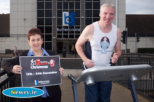 Therese Clerkin, Buttercrane Shopping Centre with Kevin Gallagher who will run 12 Marathons in 12 Days at the Buttercrane from the 13th to the 24th of December, Photograph: Columba O'Hare