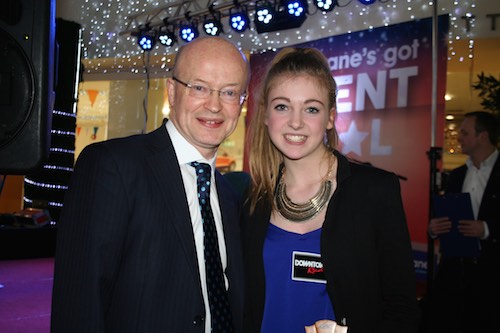 Buttercrane Centre Manager Peter Murray with the overall winner 14 Year old Leah Kirwin, Singer from Carlingford.