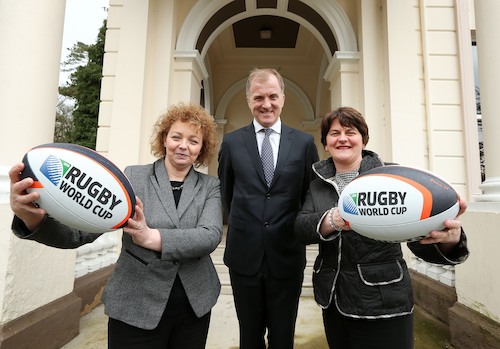Sports Minister Carál Ní Chulín and Enterprise, Trade and Investment Minister Arlene Foster with Hugo MacNeill. Photograph: Press Eye