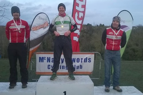 Des Woods and Peter McConville from Newry Wheelers on the winners podium at the National Cyclo Cross Championships. Des Woods and Peter McConville from Newry Wheelers on the winners podium at the National Cyclo Cross Championships.