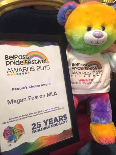 The Belfast Pride People's Choice Award won by MLA Megan Fearon. The Belfast Pride People's Choice Award won by MLA Megan Fearon.