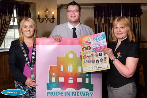 Cllr Naomi Bailie, Chairperson, Newry, Mourne and Down District Council and Mary McSorley, Equality Commission with Rory Rafferty, Chairman, Newry Rainbow Community at the launch of Pride in Newry 2015 at Bellinis.