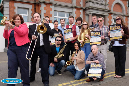 Gillian Fitzpatrick, Deputy Chairperson, Newry, Mourne and Down District Council and Ian Sands, Newry City Blues Festival with organisers and participants. Photograph: Columba O'Hare Gillian Fitzpatrick, Deputy Chairperson, Newry, Mourne and Down District Council and Ian Sands, Newry City Blues Festival with organisers and participants. Photograph: Columba O'Hare