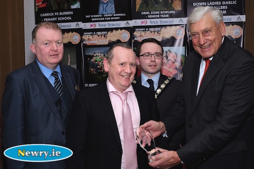 Willie John McBride presents the Disabled Athletes award to David Burke while looking on are Patrick Murtagh, Deputy General Manager, Canal Court Hotel and Daire Hughes, Mayor, Newry and Mourne District Council. Photograph: Columba O'Hare Willie John McBride presents the Disabled Athletes award to David Burke while looking on are Patrick Murtagh, Deputy General Manager, Canal Court Hotel and Daire Hughes, Mayor, Newry and Mourne District Council. Photograph: Columba O'Hare