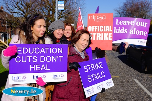 St Patrick's PS strikers on the Armagh Road in Newry. Photograph: Columba O'Hare St Patrick's PS strikers on the Armagh Road in Newry. Photograph: Columba O'Hare