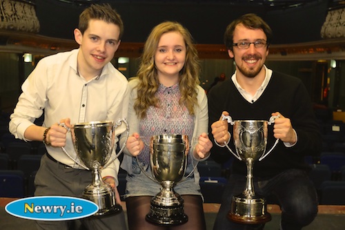 Neil Heaney, Niamh Smyth Hagan and Kilian Foy, Newpoint Players with their trophies for their production of Metamorphosis at Newry Drama Festival. Photograph: Columba O'Hare 