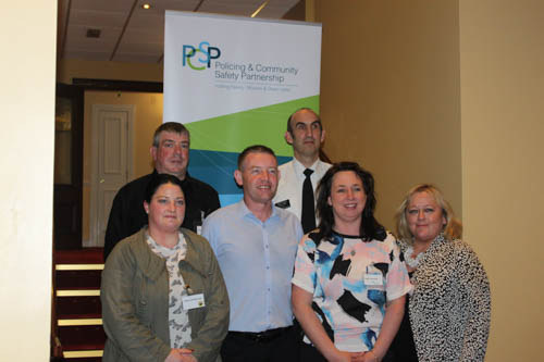 Pictured at the meeting. Back from left Dan McEvoy, NHW Coordinator and PCSP Member and Supt Simon Walls, PSNI ARea Commander.Front from left Fiona Vettiankal, NHW Coordinator, Cllr Mickey Larkin PCSP Chair, and PCSP members Jude Comiskey & Fiona Stephens Pictured at the meeting. Back from left Dan McEvoy, NHW Coordinator and PCSP Member and Supt Simon Walls, PSNI ARea Commander.Front from left Fiona Vettiankal, NHW Coordinator, Cllr Mickey Larkin PCSP Chair, and PCSP members Jude Comiskey & Fiona Stephens