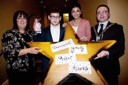 Mayor Daire Hughes is pictured with the Winner	of the Inspirational Young Person Award Ben Pond. Photograph: Peter Clarke