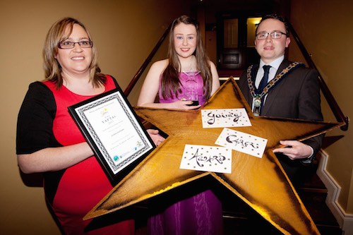 Mayor Daire Hughes is pictured with the Winner	and runner up of the Young Carer Award, Siobhan O’Reilly	 and Runner Up Jordan McAllister. Photograph: Peter Clarke
