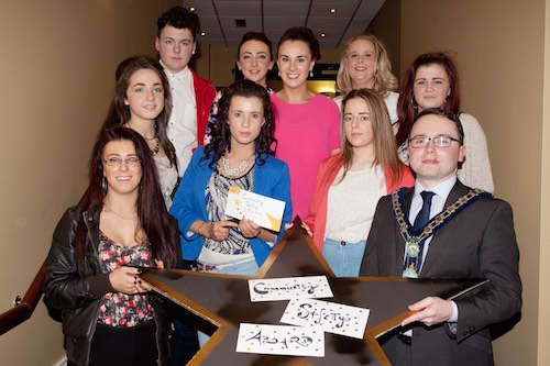 Newry Youth Forum winners of the Community Safetyu Award pictured with Mayor Daire Hughes. Photograph: Peter Clarke