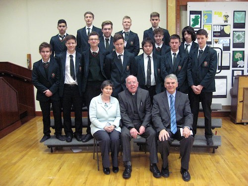 Year 12 pupils with form teacher Mrs Fitzpatrick, Bishop McAreavey & principal, Mr Hugh Mallon Year 12 pupils with form teacher Mrs Fitzpatrick, Bishop McAreavey & principal, Mr Hugh Mallon