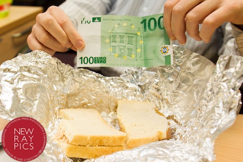 A bread and butter issue! Police advise businesses to check notes tendered carefully after a toy €100 note was used to buy items in a Newry business. Photograph: NewRayPics A bread and butter issue! Police advise businesses to check notes tendered carefully after a toy €100 note was used to buy items in a Newry business. Photograph: NewRayPics