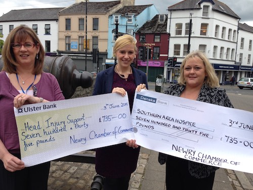 Majella Burns, Head Injury Support, Newry Chamber President Deborah Loughran and Fiona Stevens, Southern Area Hospice Majella Burns, Head Injury Support, Newry Chamber President Deborah Loughran and Fiona Stevens, Southern Area Hospice