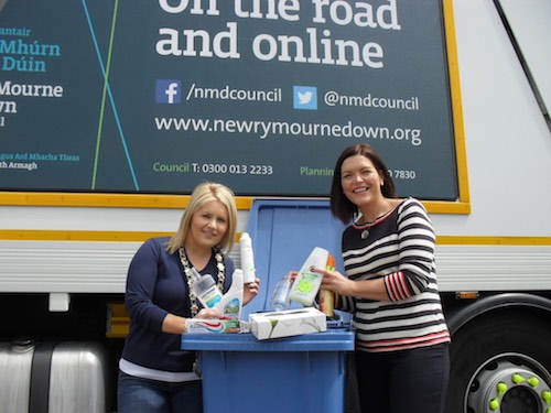 Newry, Mourne and Down District Council Chairperson, Cllr Naomi Bailie and Council's Tara Cunningham (Assistant Waste Management and Recycling Officer) are urging people to recycle more during Recycle Week (22-28 June). For more information on what can be collected for recycling contact the Regulatory & Technical Services Department on  0300 013 2233. 