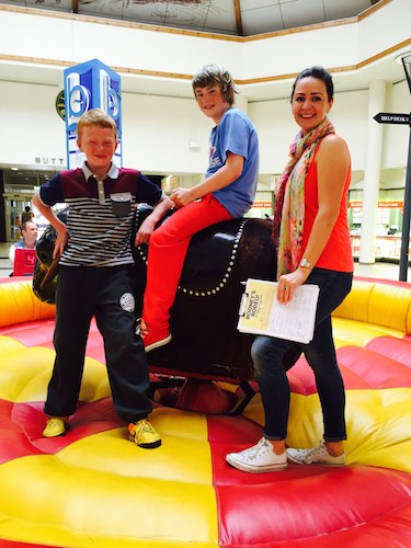 Pictured this weekend in Buttercrane at the Rodeo Bull Competition are Ronan Burns and Ethan Smyth, Newry hoping to win to Premier League tickets as part of a Father’s Day promotion. Also pictured is time keeper Emily Dickson from Buttercrane. Pictured this weekend in Buttercrane at the Rodeo Bull Competition are Ronan Burns and Ethan Smyth, Newry hoping to win to Premier League tickets as part of a Father’s Day promotion. Also pictured is time keeper Emily Dickson from Buttercrane.